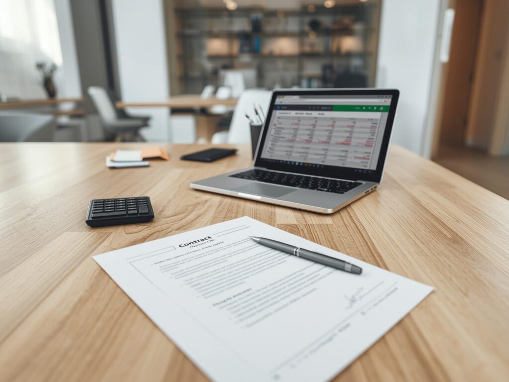 Contrat LMNP avec calculatrice et ordinateur, symbolisant la déclaration fiscale et l’optimisation d’impôt en location meublée non professionnelle.